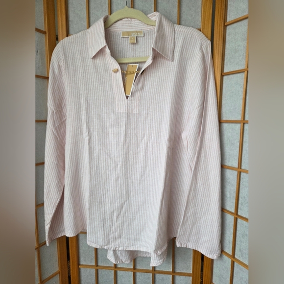 Michael Kors Tops - NWT WOMENS MICHAEL KORS PINK/WHITE STRIPES LINEN BLEND PULLOVER BLOUSE MEDIUM